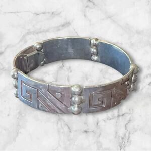 Mexico Sterling Silver Tribal Panel Link Bracelet – 7″ Ethnic Artisan Piece